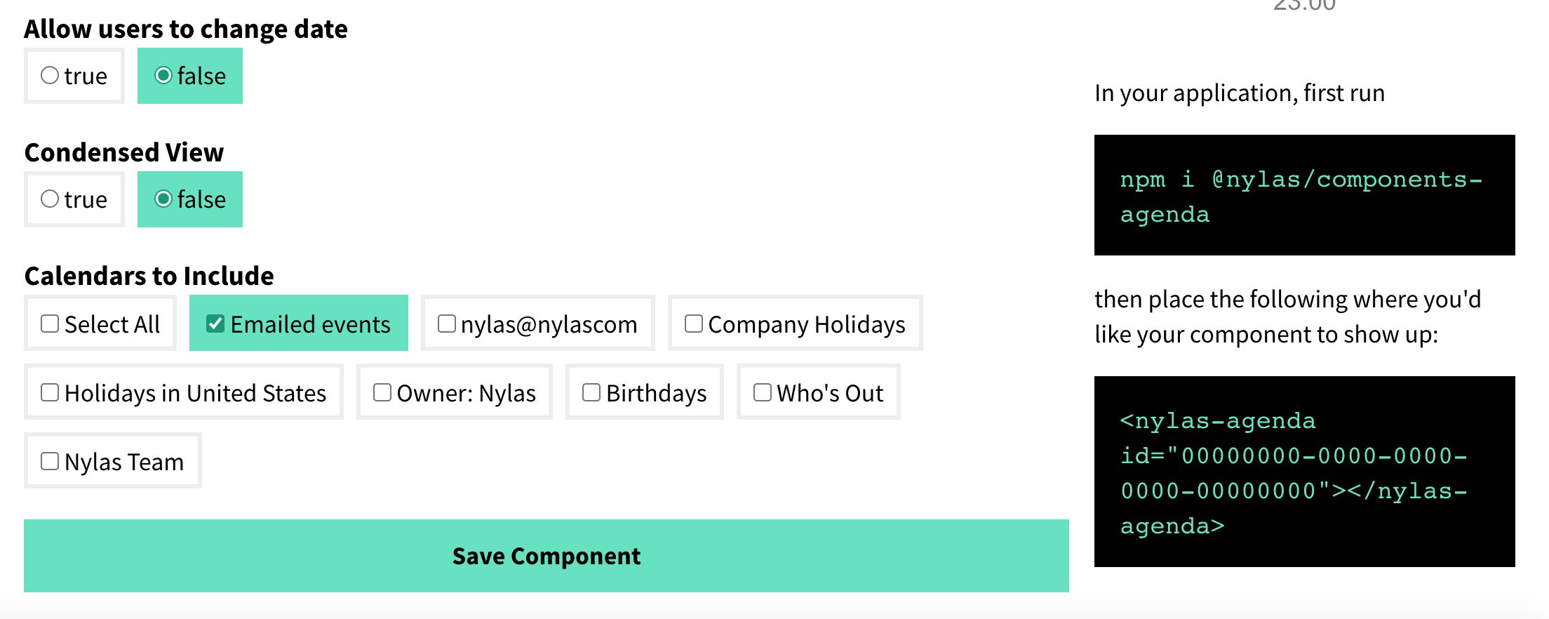 The Nylas Dashboard displaying the "Edit Component" page. A set of instructions to integrate the component is shown at the right of the screen.