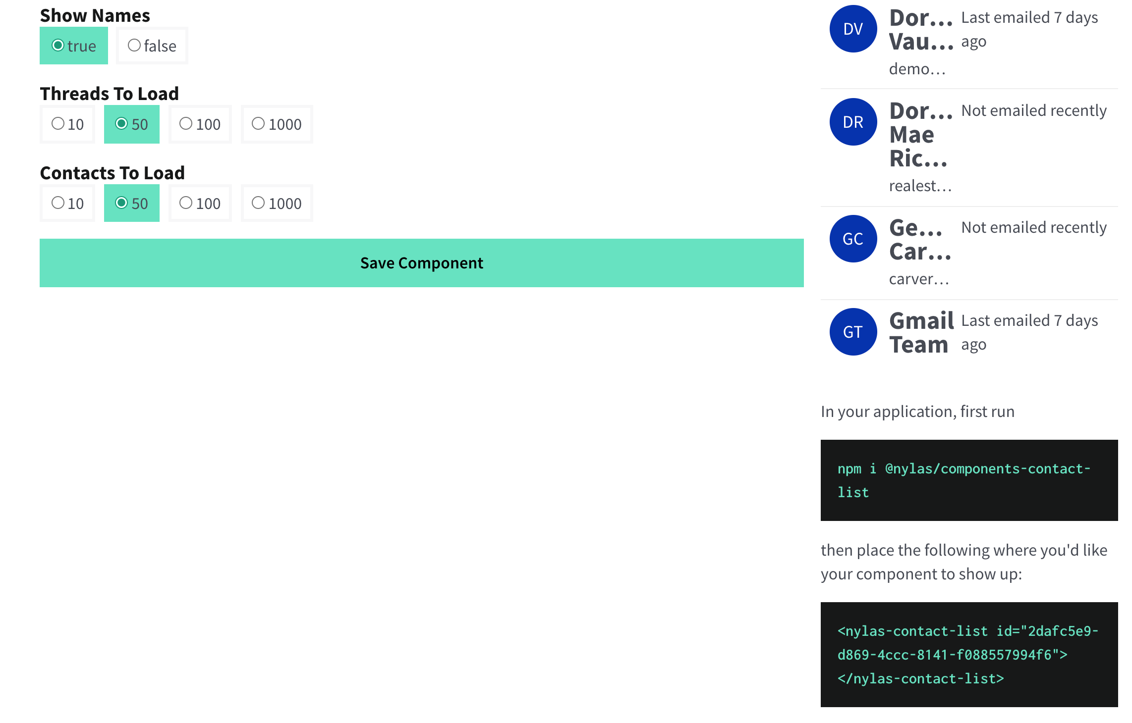 The Nylas Dashboard displaying the "Edit Component" page. A set of instructions to integrate the component is shown at the right of the screen.